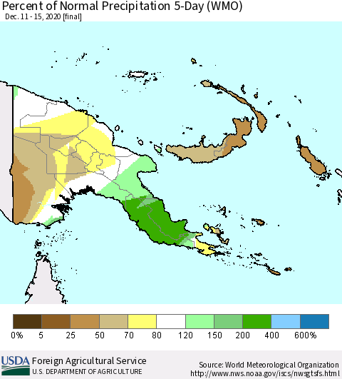 Papua New Guinea Percent of Normal Precipitation 5-Day (WMO) Thematic Map For 12/11/2020 - 12/15/2020