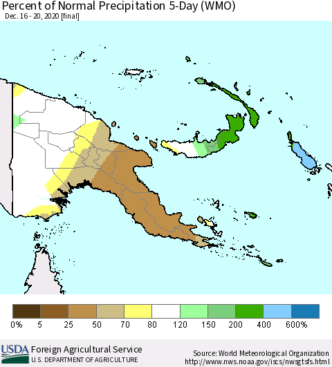 Papua New Guinea Percent of Normal Precipitation 5-Day (WMO) Thematic Map For 12/16/2020 - 12/20/2020