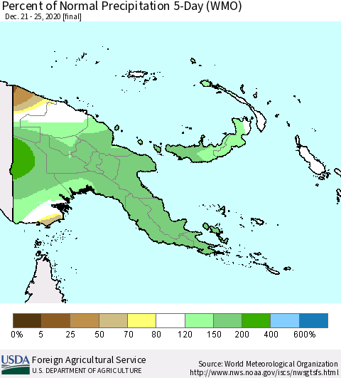 Papua New Guinea Percent of Normal Precipitation 5-Day (WMO) Thematic Map For 12/21/2020 - 12/25/2020