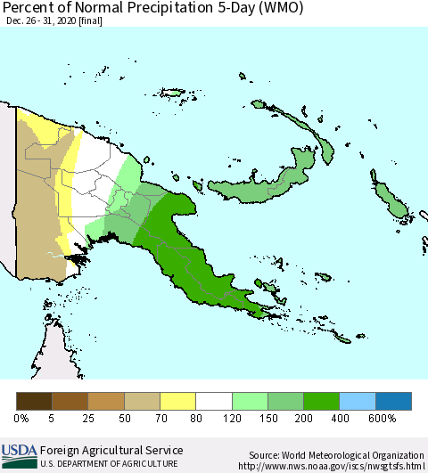 Papua New Guinea Percent of Normal Precipitation 5-Day (WMO) Thematic Map For 12/26/2020 - 12/31/2020