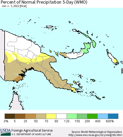 Papua New Guinea Percent of Normal Precipitation 5-Day (WMO) Thematic Map For 1/1/2022 - 1/5/2022