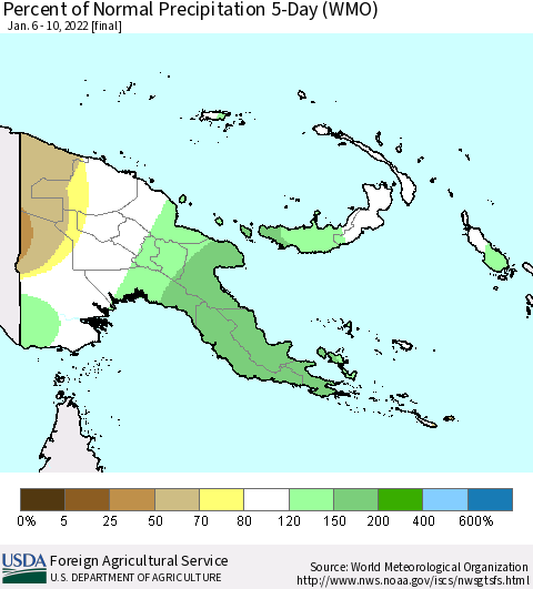 Papua New Guinea Percent of Normal Precipitation 5-Day (WMO) Thematic Map For 1/6/2022 - 1/10/2022