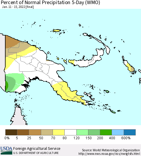 Papua New Guinea Percent of Normal Precipitation 5-Day (WMO) Thematic Map For 1/11/2022 - 1/15/2022