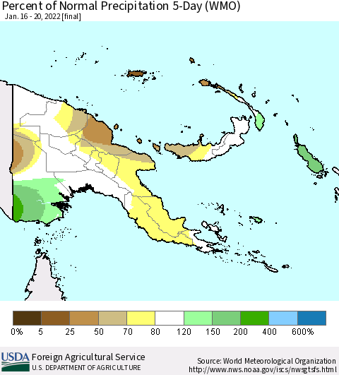 Papua New Guinea Percent of Normal Precipitation 5-Day (WMO) Thematic Map For 1/16/2022 - 1/20/2022