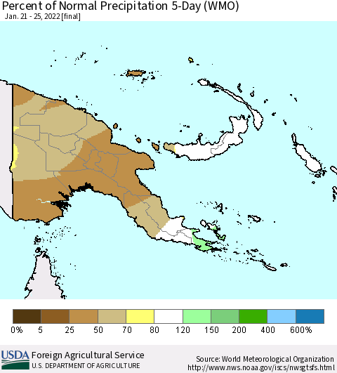 Papua New Guinea Percent of Normal Precipitation 5-Day (WMO) Thematic Map For 1/21/2022 - 1/25/2022