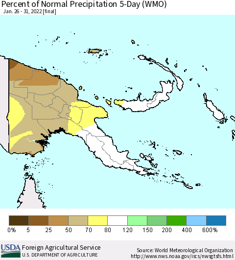 Papua New Guinea Percent of Normal Precipitation 5-Day (WMO) Thematic Map For 1/26/2022 - 1/31/2022