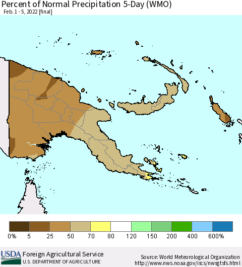 Papua New Guinea Percent of Normal Precipitation 5-Day (WMO) Thematic Map For 2/1/2022 - 2/5/2022