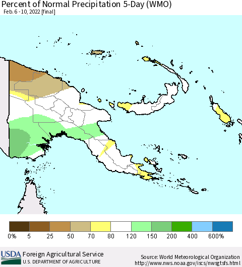 Papua New Guinea Percent of Normal Precipitation 5-Day (WMO) Thematic Map For 2/6/2022 - 2/10/2022