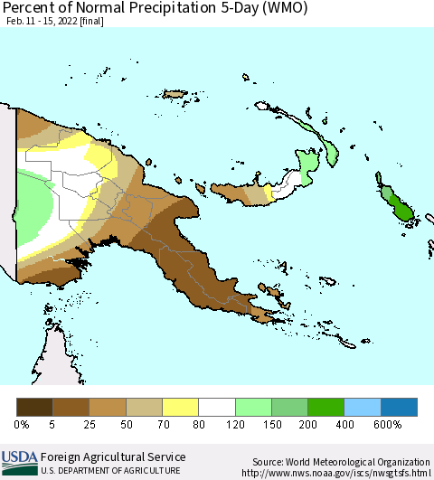 Papua New Guinea Percent of Normal Precipitation 5-Day (WMO) Thematic Map For 2/11/2022 - 2/15/2022