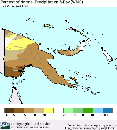 Papua New Guinea Percent of Normal Precipitation 5-Day (WMO) Thematic Map For 2/16/2022 - 2/20/2022