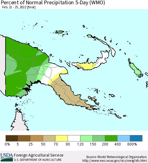 Papua New Guinea Percent of Normal Precipitation 5-Day (WMO) Thematic Map For 2/21/2022 - 2/25/2022