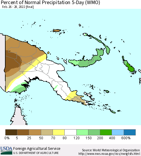 Papua New Guinea Percent of Normal Precipitation 5-Day (WMO) Thematic Map For 2/26/2022 - 2/28/2022