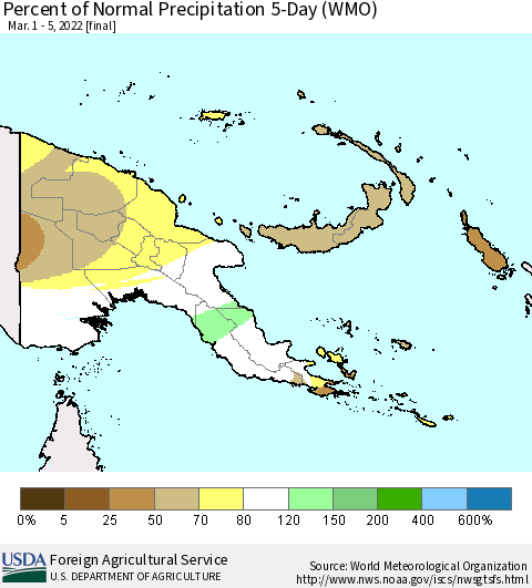 Papua New Guinea Percent of Normal Precipitation 5-Day (WMO) Thematic Map For 3/1/2022 - 3/5/2022