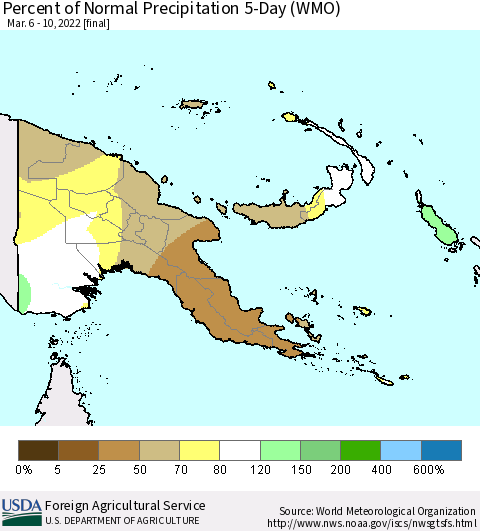 Papua New Guinea Percent of Normal Precipitation 5-Day (WMO) Thematic Map For 3/6/2022 - 3/10/2022
