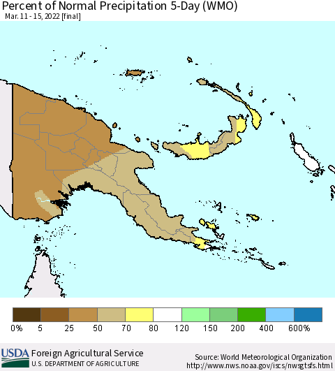 Papua New Guinea Percent of Normal Precipitation 5-Day (WMO) Thematic Map For 3/11/2022 - 3/15/2022