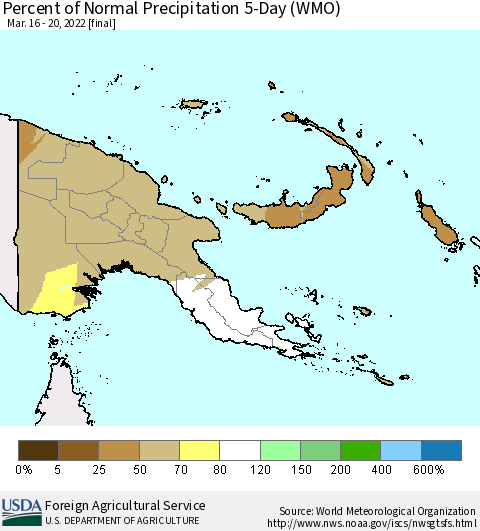 Papua New Guinea Percent of Normal Precipitation 5-Day (WMO) Thematic Map For 3/16/2022 - 3/20/2022