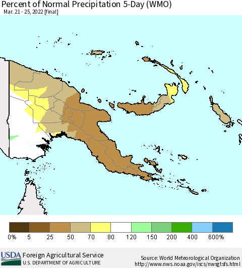 Papua New Guinea Percent of Normal Precipitation 5-Day (WMO) Thematic Map For 3/21/2022 - 3/25/2022