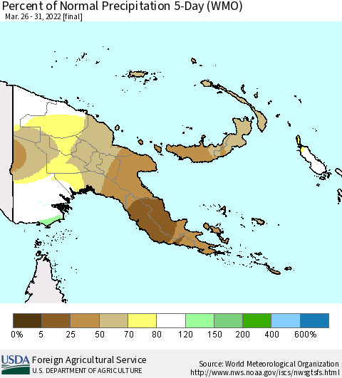 Papua New Guinea Percent of Normal Precipitation 5-Day (WMO) Thematic Map For 3/26/2022 - 3/31/2022