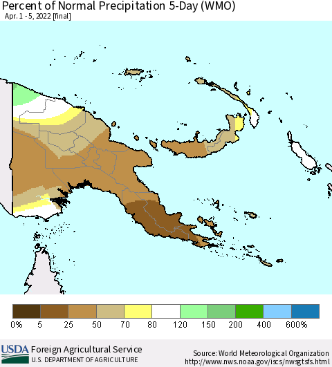 Papua New Guinea Percent of Normal Precipitation 5-Day (WMO) Thematic Map For 4/1/2022 - 4/5/2022