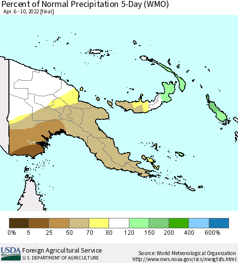 Papua New Guinea Percent of Normal Precipitation 5-Day (WMO) Thematic Map For 4/6/2022 - 4/10/2022