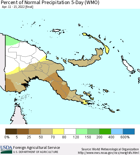 Papua New Guinea Percent of Normal Precipitation 5-Day (WMO) Thematic Map For 4/11/2022 - 4/15/2022