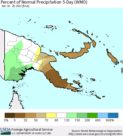 Papua New Guinea Percent of Normal Precipitation 5-Day (WMO) Thematic Map For 4/16/2022 - 4/20/2022