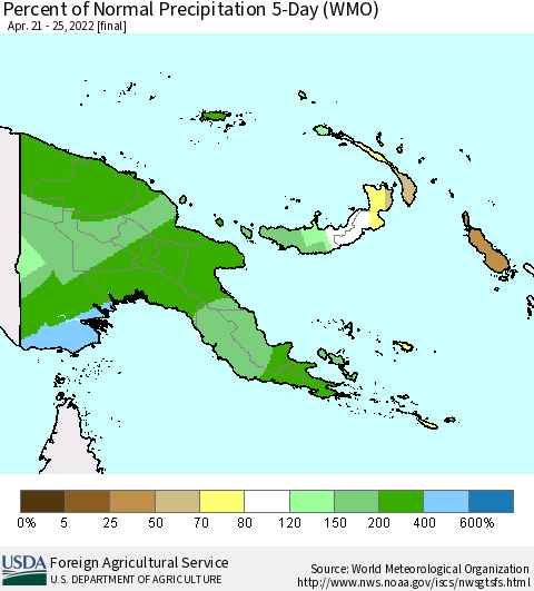 Papua New Guinea Percent of Normal Precipitation 5-Day (WMO) Thematic Map For 4/21/2022 - 4/25/2022