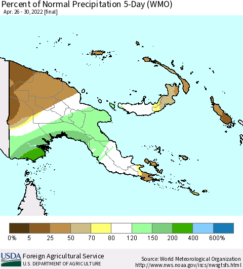 Papua New Guinea Percent of Normal Precipitation 5-Day (WMO) Thematic Map For 4/26/2022 - 4/30/2022