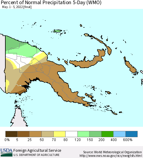 Papua New Guinea Percent of Normal Precipitation 5-Day (WMO) Thematic Map For 5/1/2022 - 5/5/2022