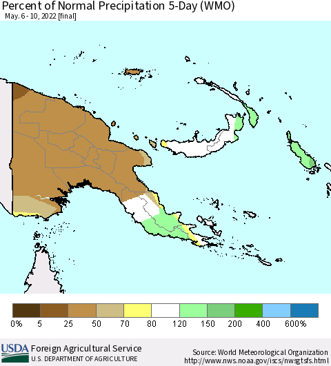 Papua New Guinea Percent of Normal Precipitation 5-Day (WMO) Thematic Map For 5/6/2022 - 5/10/2022