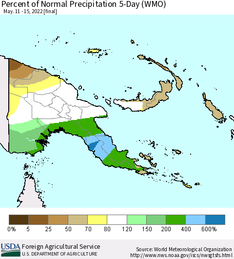 Papua New Guinea Percent of Normal Precipitation 5-Day (WMO) Thematic Map For 5/11/2022 - 5/15/2022