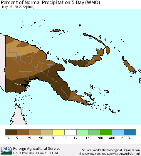 Papua New Guinea Percent of Normal Precipitation 5-Day (WMO) Thematic Map For 5/16/2022 - 5/20/2022