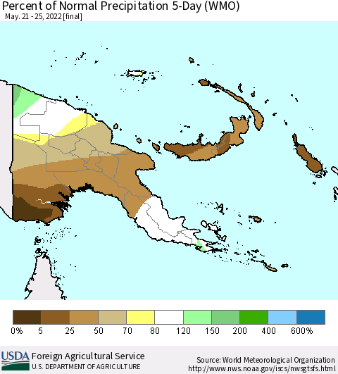 Papua New Guinea Percent of Normal Precipitation 5-Day (WMO) Thematic Map For 5/21/2022 - 5/25/2022