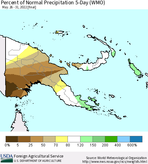 Papua New Guinea Percent of Normal Precipitation 5-Day (WMO) Thematic Map For 5/26/2022 - 5/31/2022