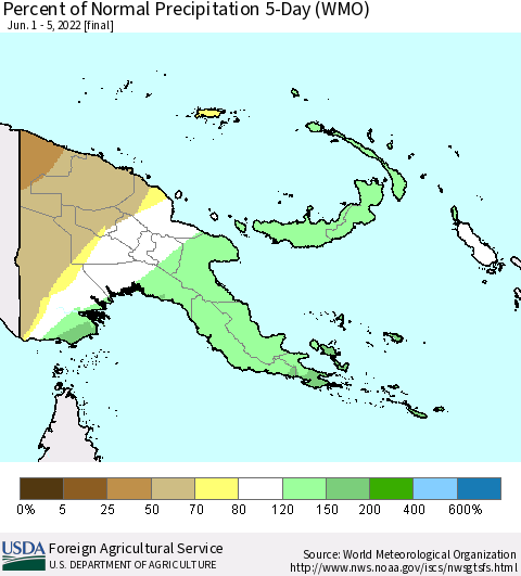 Papua New Guinea Percent of Normal Precipitation 5-Day (WMO) Thematic Map For 6/1/2022 - 6/5/2022