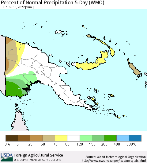 Papua New Guinea Percent of Normal Precipitation 5-Day (WMO) Thematic Map For 6/6/2022 - 6/10/2022