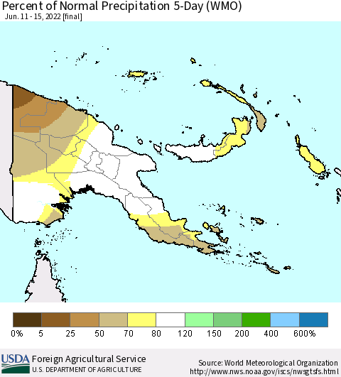 Papua New Guinea Percent of Normal Precipitation 5-Day (WMO) Thematic Map For 6/11/2022 - 6/15/2022