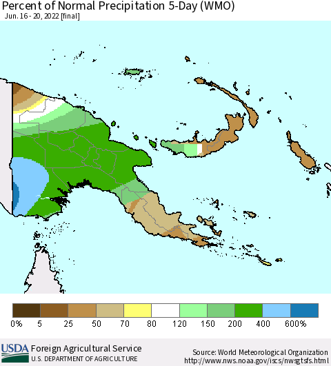 Papua New Guinea Percent of Normal Precipitation 5-Day (WMO) Thematic Map For 6/16/2022 - 6/20/2022