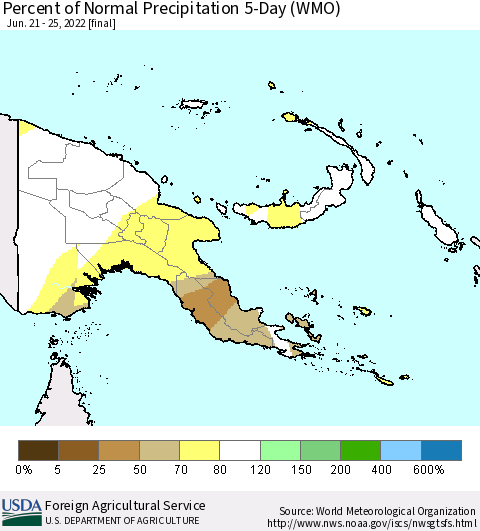Papua New Guinea Percent of Normal Precipitation 5-Day (WMO) Thematic Map For 6/21/2022 - 6/25/2022