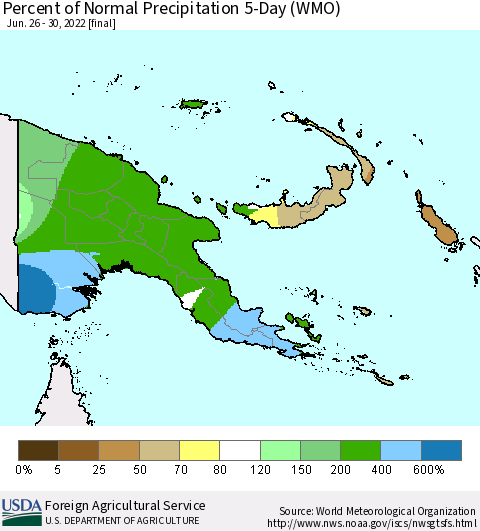 Papua New Guinea Percent of Normal Precipitation 5-Day (WMO) Thematic Map For 6/26/2022 - 6/30/2022