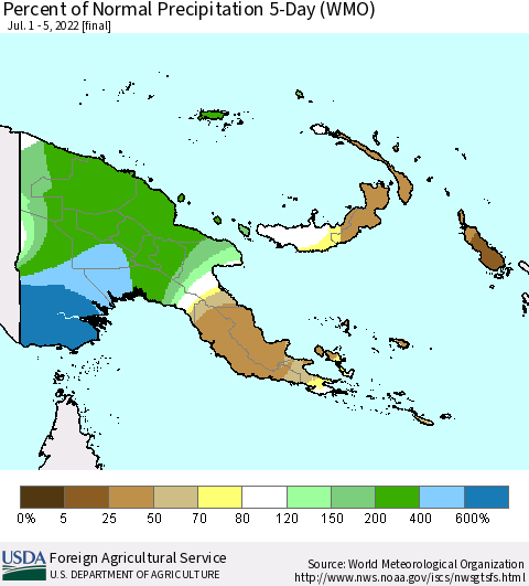 Papua New Guinea Percent of Normal Precipitation 5-Day (WMO) Thematic Map For 7/1/2022 - 7/5/2022