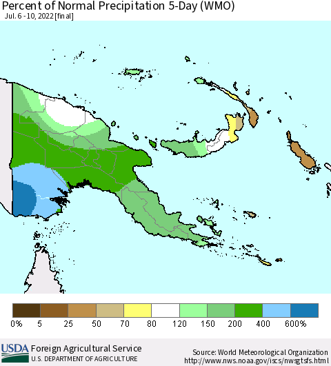 Papua New Guinea Percent of Normal Precipitation 5-Day (WMO) Thematic Map For 7/6/2022 - 7/10/2022