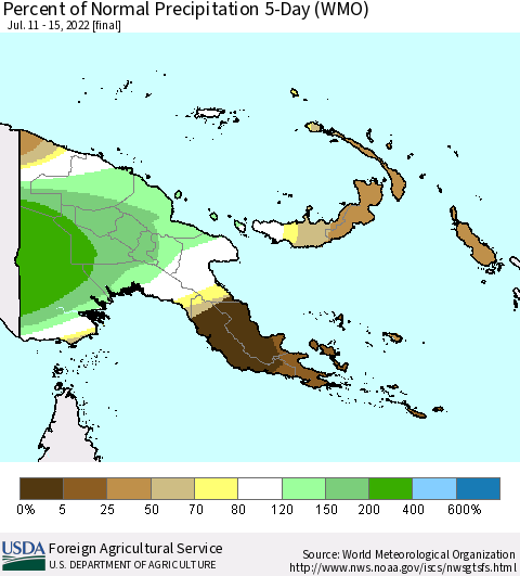Papua New Guinea Percent of Normal Precipitation 5-Day (WMO) Thematic Map For 7/11/2022 - 7/15/2022