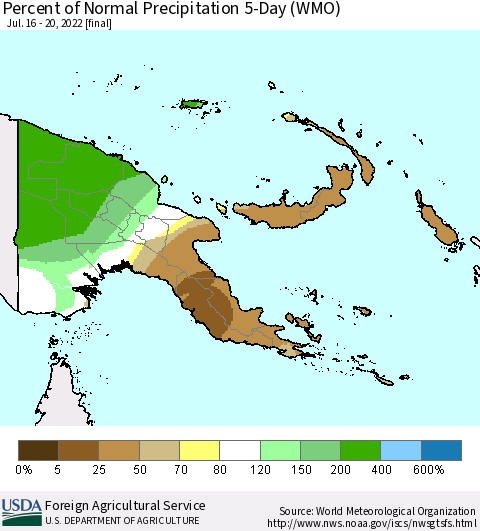 Papua New Guinea Percent of Normal Precipitation 5-Day (WMO) Thematic Map For 7/16/2022 - 7/20/2022
