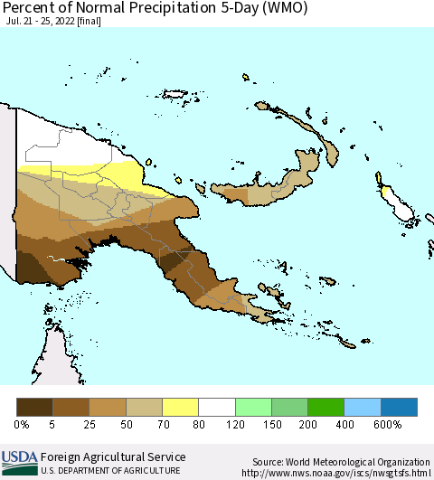 Papua New Guinea Percent of Normal Precipitation 5-Day (WMO) Thematic Map For 7/21/2022 - 7/25/2022