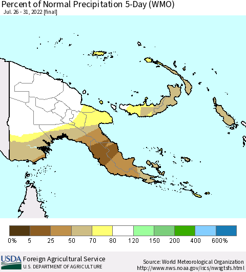 Papua New Guinea Percent of Normal Precipitation 5-Day (WMO) Thematic Map For 7/26/2022 - 7/31/2022