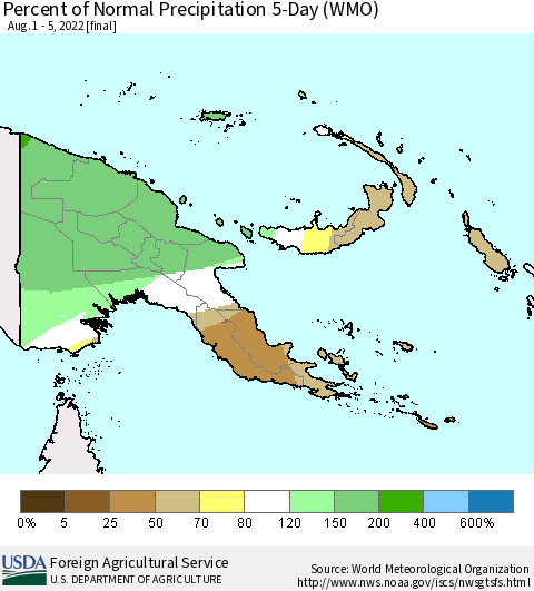 Papua New Guinea Percent of Normal Precipitation 5-Day (WMO) Thematic Map For 8/1/2022 - 8/5/2022