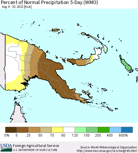 Papua New Guinea Percent of Normal Precipitation 5-Day (WMO) Thematic Map For 8/6/2022 - 8/10/2022