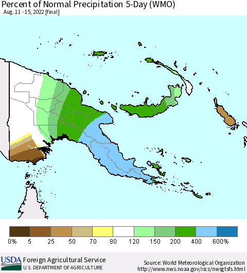 Papua New Guinea Percent of Normal Precipitation 5-Day (WMO) Thematic Map For 8/11/2022 - 8/15/2022