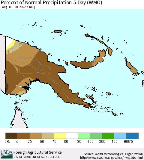Papua New Guinea Percent of Normal Precipitation 5-Day (WMO) Thematic Map For 8/16/2022 - 8/20/2022